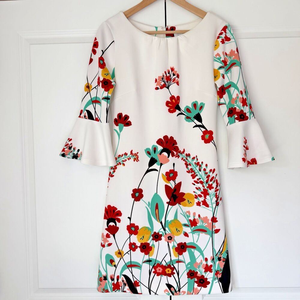 New York and Company White Dress with Colorful floral design 3/4 Sleeve - Small